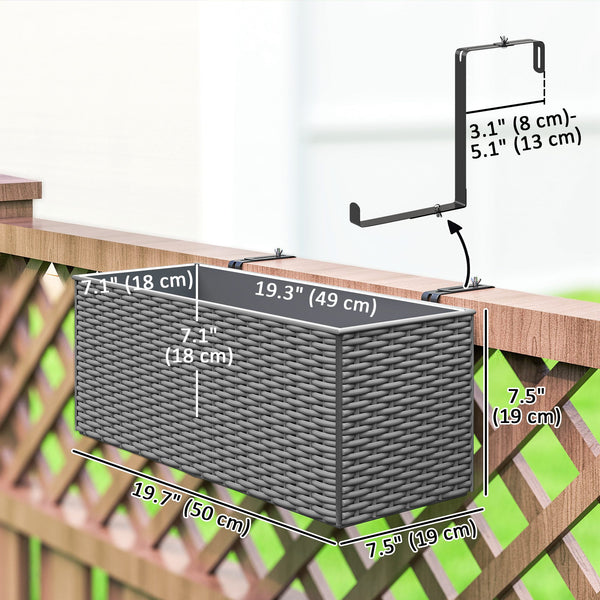 2 Pack Railing Planter Box, 20 Inch Hanging Flower Pots with Hooks and Drainage Hole, Rectangular Planters for Fence, Balcony, Garden, Patio, Rattan Look, Grey