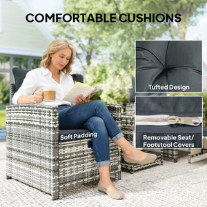 5 Piece Patio Furniture Set, Wicker Patio Chairs with Ottomans, 2-Tier Glass Coffee Table, Cushions, Outdoor Patio Furniture Conversation Set for Balcony, Grey/Dark Grey