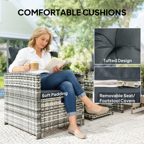 5 Piece Patio Furniture Set, Wicker Patio Chairs with Ottomans, 2-Tier Glass Coffee Table, Cushions, Outdoor Patio Furniture Conversation Set for Balcony, Grey/Dark Grey