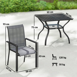 5 Pieces Garden Dining Set for 4, Patio Table and Stackable Chairs with Breathable Mesh Seat and Parasol Hole, Garden Furniture Set with Steel Frame for Garden, Dark Grey