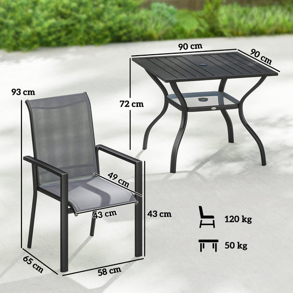 5 Pieces Garden Dining Set for 4, Patio Table and Stackable Chairs with Breathable Mesh Seat and Parasol Hole, Garden Furniture Set with Steel Frame for Garden, Dark Grey