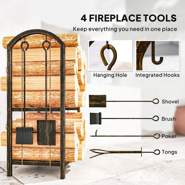 17 Inch Firewood Rack with 4 Fireplace Tools, 2-Tier Heavy Duty Steel Log Store Indoors with Hooks, 220 lb Capacity Fireplace Log Storage Holder for Outdoor, Coffee Brown
