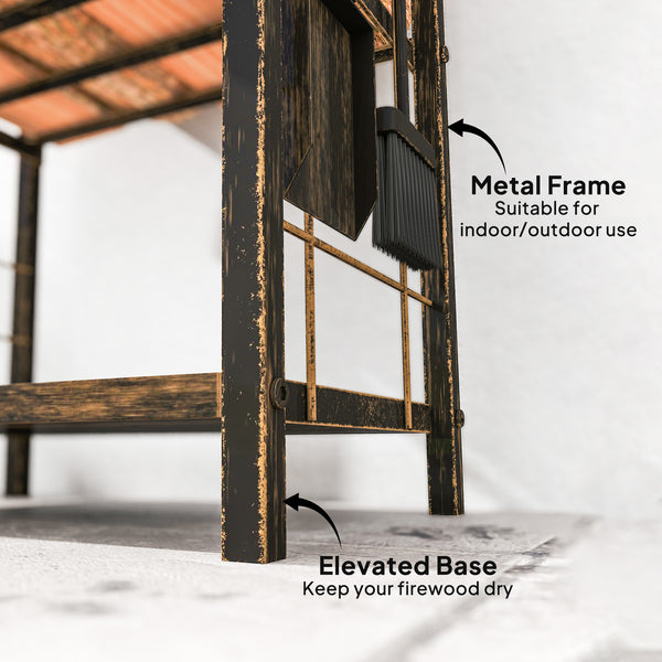 17 Inch Firewood Rack with 4 Fireplace Tools, 2-Tier Heavy Duty Steel Log Store Indoors with Hooks, 220 lb Capacity Fireplace Log Storage Holder for Outdoor, Coffee Brown