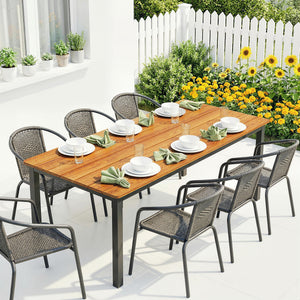 Garden Dining Table for 6-8 Person, 180 x 86 cm Rectangular Outdoor Dining Table with Wood Slatted Top and Steel Frame, All Weather Patio Furniture for Balcony, Porch, Teak