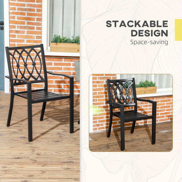 2 Pieces Patio Dining Chairs with Floral Patterns Backrest, Stackable Design Outdoor Armchair for 2 with Slatted Seat, for Balcony, Deck, Lawn, Black
