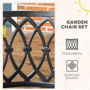 2 Pieces Patio Dining Chairs with Floral Patterns Backrest, Stackable Design Outdoor Armchair for 2 with Slatted Seat, for Balcony, Deck, Lawn, Black
