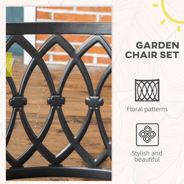 2 Pieces Patio Dining Chairs with Floral Patterns Backrest, Stackable Design Outdoor Armchair for 2 with Slatted Seat, for Balcony, Deck, Lawn, Black