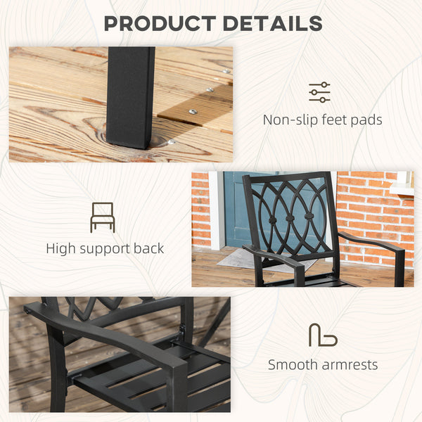 2 Pieces Patio Dining Chairs with Floral Patterns Backrest, Stackable Design Outdoor Armchair for 2 with Slatted Seat, for Balcony, Deck, Lawn, Black