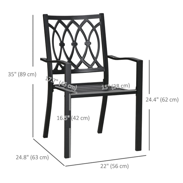 2 Pieces Patio Dining Chairs with Floral Patterns Backrest, Stackable Design Outdoor Armchair for 2 with Slatted Seat, for Balcony, Deck, Lawn, Black
