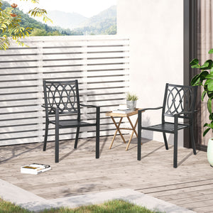 2 Pieces Patio Dining Chairs with Floral Patterns Backrest, Stackable Design Outdoor Armchair for 2 with Slatted Seat, for Balcony, Deck, Lawn, Black