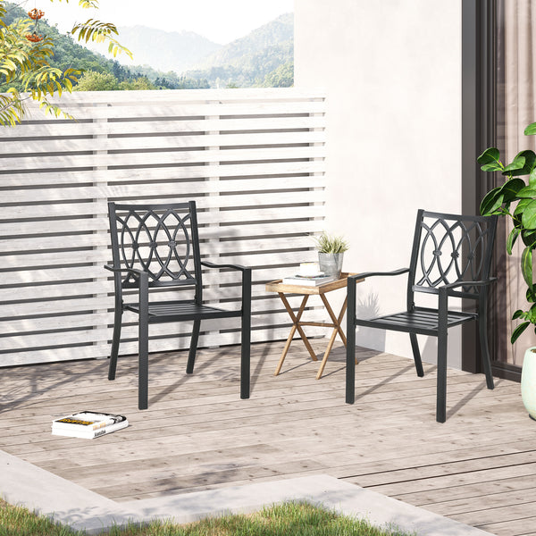 2 Pieces Patio Dining Chairs with Floral Patterns Backrest, Stackable Design Outdoor Armchair for 2 with Slatted Seat, for Balcony, Deck, Lawn, Black