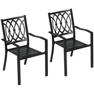 2 Pieces Patio Dining Chairs with Floral Patterns Backrest, Stackable Design Outdoor Armchair for 2 with Slatted Seat, for Balcony, Deck, Lawn, Black