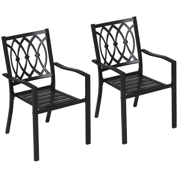 2 Pieces Patio Dining Chairs with Floral Patterns Backrest, Stackable Design Outdoor Armchair for 2 with Slatted Seat, for Balcony, Deck, Lawn, Black