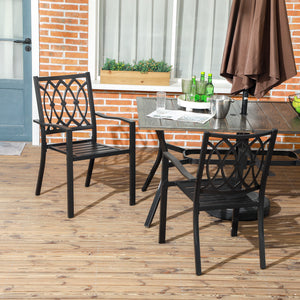 2 Pieces Patio Dining Chairs with Floral Patterns Backrest, Stackable Design Outdoor Armchair for 2 with Slatted Seat, for Balcony, Deck, Lawn, Black
