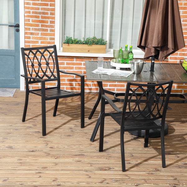 2 Pieces Patio Dining Chairs with Floral Patterns Backrest, Stackable Design Outdoor Armchair for 2 with Slatted Seat, for Balcony, Deck, Lawn, Black