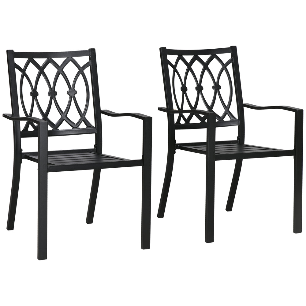 2 Pieces Patio Dining Chairs with Floral Patterns Backrest, Stackable Design Outdoor Armchair for 2 with Slatted Seat, for Balcony, Deck, Lawn, Black