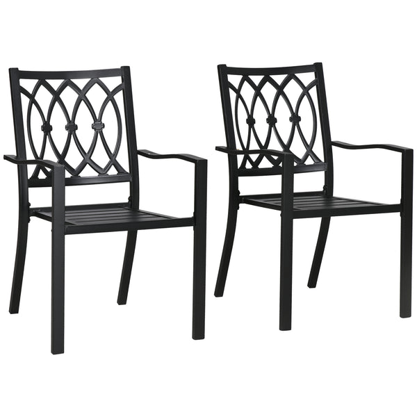 2 Pieces Patio Dining Chairs with Floral Patterns Backrest, Stackable Design Outdoor Armchair for 2 with Slatted Seat, for Balcony, Deck, Lawn, Black