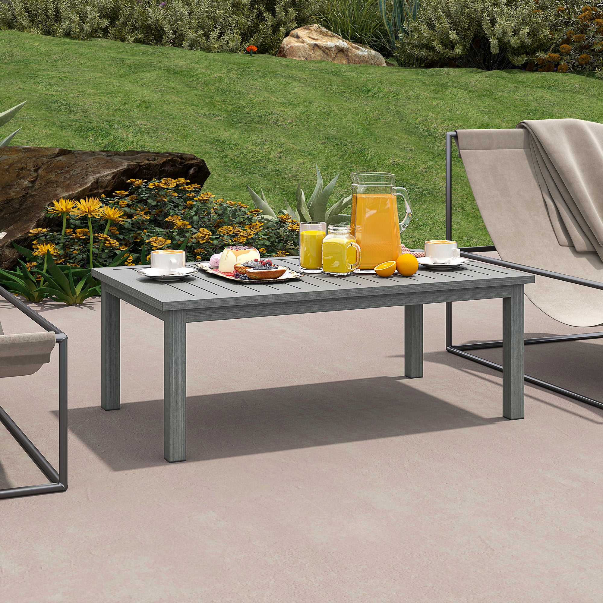 Outsunny Aluminium Patio Side Table with Wood Grain Effect & Slat