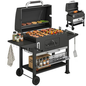 Charcoal BBQ Grill Smoker with Electric Rotisserie Kit, Portable Barbecue Grill with Warming Rack, Foldable Side Tables, Spice Rack, Hooks, Thermometer, Wheels for Outdoor Cooking, Black