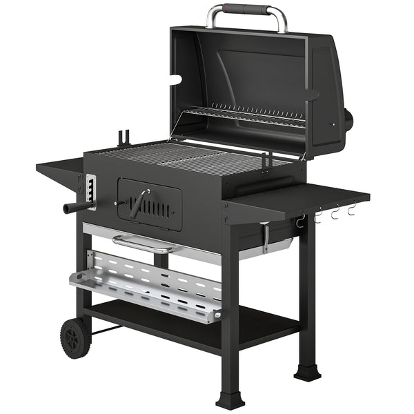 Charcoal BBQ Grill Smoker with Electric Rotisserie Kit, Portable Barbecue Grill with Warming Rack, Foldable Side Tables, Spice Rack, Hooks, Thermometer, Wheels for Outdoor Cooking, Black