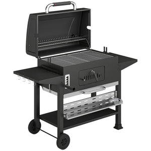 Charcoal BBQ Grill Smoker with Electric Rotisserie Kit, Portable Barbecue Grill with Warming Rack, Foldable Side Tables, Spice Rack, Hooks, Thermometer, Wheels for Outdoor Cooking, Black