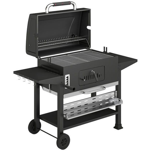 Charcoal BBQ Grill Smoker with Electric Rotisserie Kit, Portable Barbecue Grill with Warming Rack, Foldable Side Tables, Spice Rack, Hooks, Thermometer, Wheels for Outdoor Cooking, Black