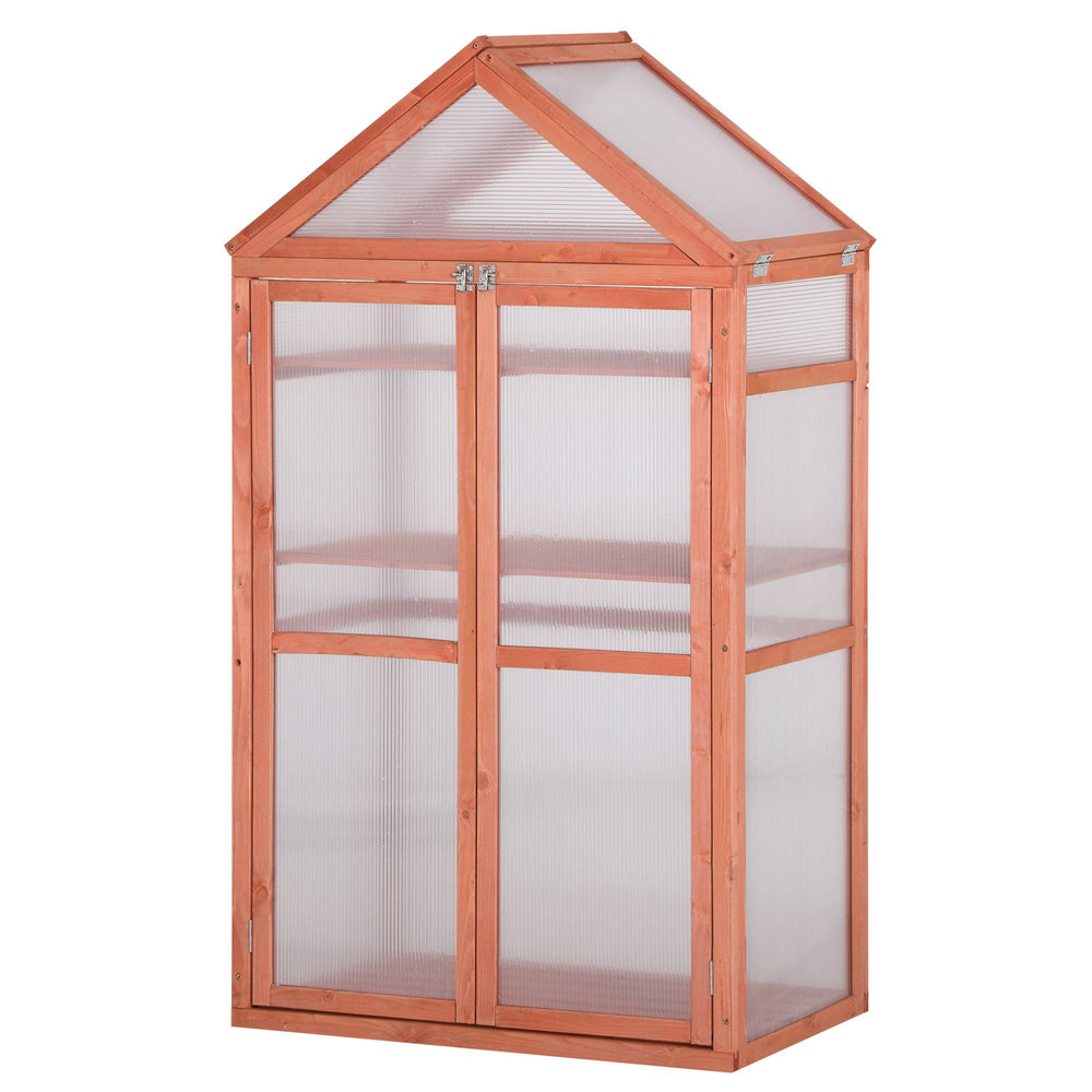 Garden Cold Frame Polycarbonate Greenhouse with Adjustable Shelves, Double Doors, Openable Top Covers, Grow House for Flower Vegetable Plants, 80 x 47 x 138cm, Orange