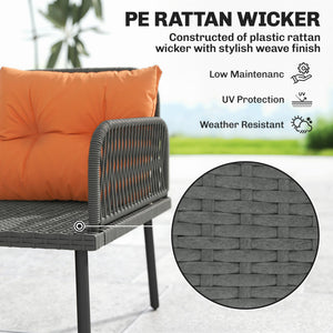 6 Piece Rattan Garden Furniture Set, 8 Seater Garden Corner Sofa with Cushions and Glass Top Table, Sectional Outdoor Furniture Conservatory Set for Patio, Orange