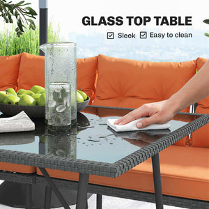 6 Piece Rattan Garden Furniture Set, 8 Seater Garden Corner Sofa with Cushions and Glass Top Table, Sectional Outdoor Furniture Conservatory Set for Patio, Orange