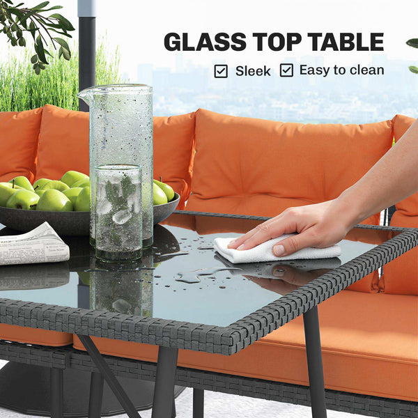 6 Piece Rattan Garden Furniture Set, 8 Seater Garden Corner Sofa with Cushions and Glass Top Table, Sectional Outdoor Furniture Conservatory Set for Patio, Orange