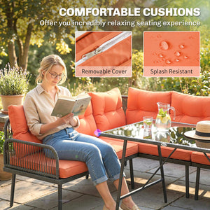 6 Piece Rattan Garden Furniture Set, 8 Seater Garden Corner Sofa with Cushions and Glass Top Table, Sectional Outdoor Furniture Conservatory Set for Patio, Orange
