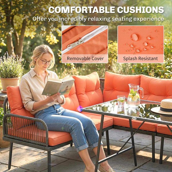 6 Piece Rattan Garden Furniture Set, 8 Seater Garden Corner Sofa with Cushions and Glass Top Table, Sectional Outdoor Furniture Conservatory Set for Patio, Orange
