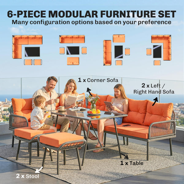 6 Piece Rattan Garden Furniture Set, 8 Seater Garden Corner Sofa with Cushions and Glass Top Table, Sectional Outdoor Furniture Conservatory Set for Patio, Orange