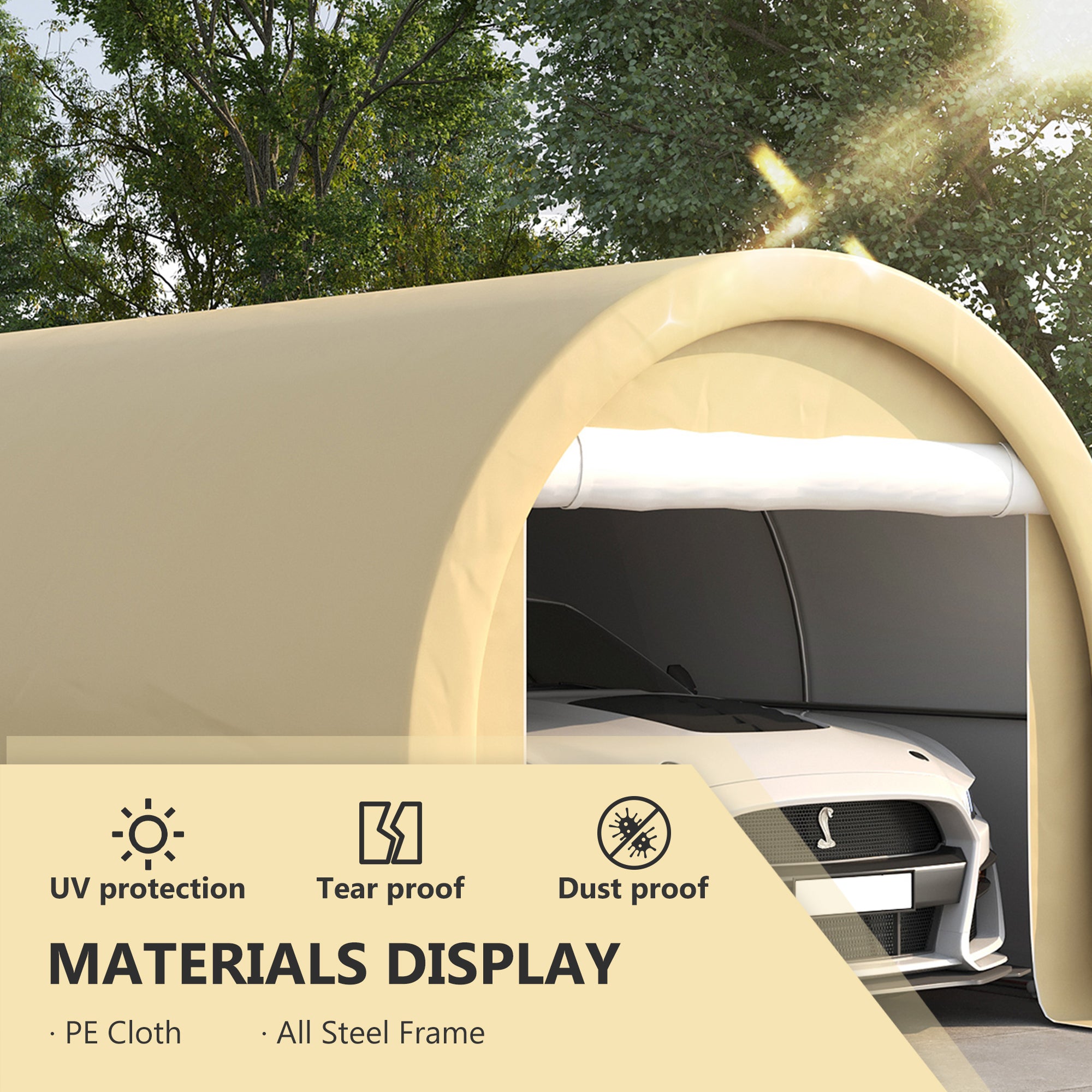 tente protection voiture Abri de voiture Outsunnny 3 x 4,8 m, garage/tente de rangement portable et robuste avec grande porte zippée, bâche en polyéthylène anti-UV pour voiture, bateau, moto, vélo, outils de jardin, beige