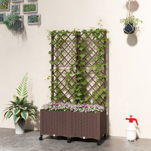 Planter Box with Trellis, Self Watering Raised Garden Bed with Lockable Wheels, 56.3" Trellis Privacy Planter with Drainage Holes for Climbing Plants, Vines, Vegetables, Flowers, Brown