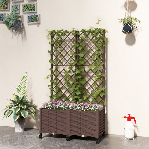 Planter Box with Trellis, Self Watering Raised Garden Bed with Lockable Wheels, 56.3" Trellis Privacy Planter with Drainage Holes for Climbing Plants, Vines, Vegetables, Flowers, Brown
