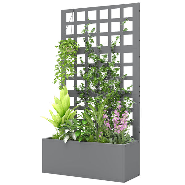 Galvanized Raised Garden Bed with Trellis, Metal Planter Box with Drainage Holes, Outdoor Privacy Screen for Climbing Plants, Vegetable, Vines, 24" x 9" x 44.5", Gray