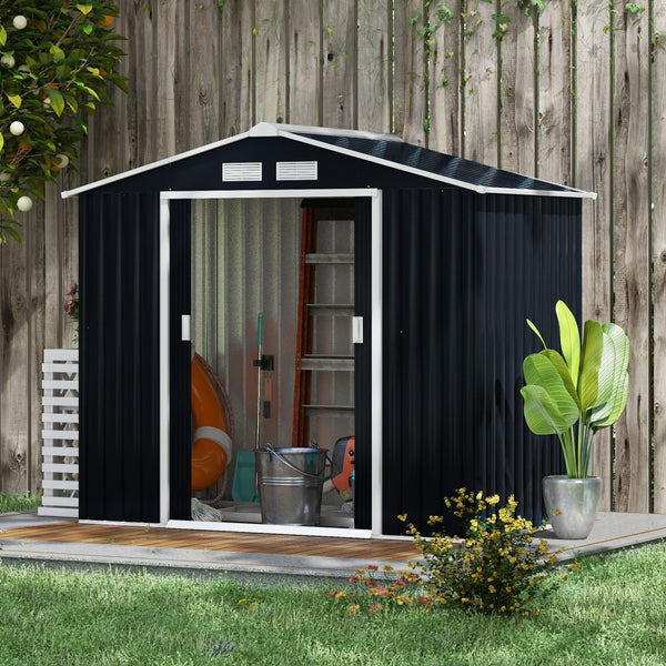 Outsunny 7' x 4' Outdoor Storage Shed, Garden Tool Metal Shed with Foundation Kit, Double Lockable Door, Air Vents and Sloping Roof, for Backyard, Patio, Lawn, Dark Gray