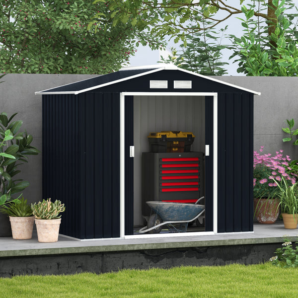 Outsunny 7' x 4' Outdoor Storage Shed, Garden Tool Metal Shed with Foundation Kit, Double Lockable Door, Air Vents and Sloping Roof, for Backyard, Patio, Lawn, Dark Gray