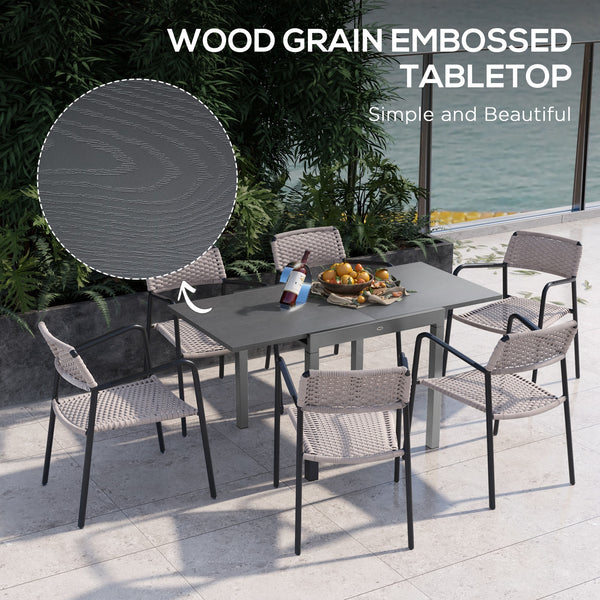 Garden Table, Extendable Outdoor Dining Table for 6 with Aluminium Frame, Steel Tabletop, Rectangle Patio Table for Balcony, Deck, Dark Grey with Wood-effect