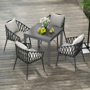 Garden Table, Extendable Outdoor Dining Table for 6 with Aluminium Frame, Steel Tabletop, Rectangle Patio Table for Balcony, Deck, Dark Grey with Wood-effect