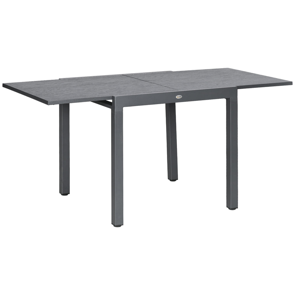 Garden Table, Extendable Outdoor Dining Table for 6 with Aluminium Frame, Steel Tabletop, Rectangle Patio Table for Balcony, Deck, Dark Grey with Wood-effect