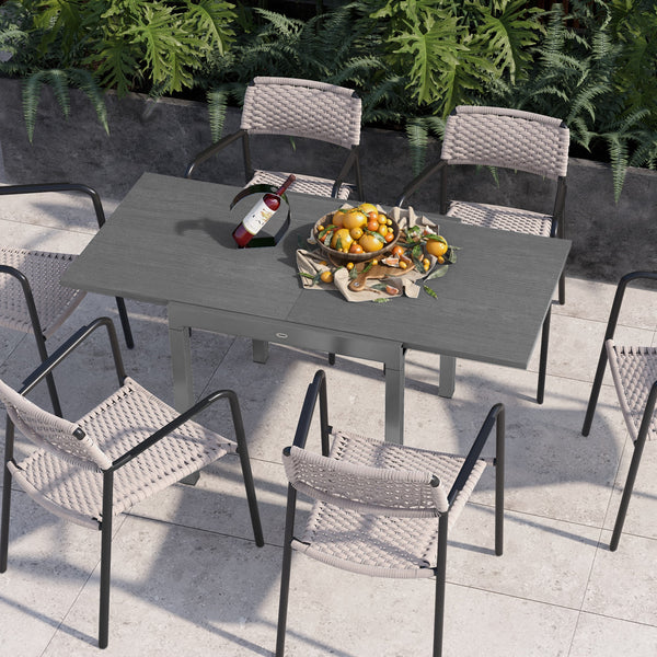 Garden Table, Extendable Outdoor Dining Table for 6 with Aluminium Frame, Steel Tabletop, Rectangle Patio Table for Balcony, Deck, Dark Grey with Wood-effect