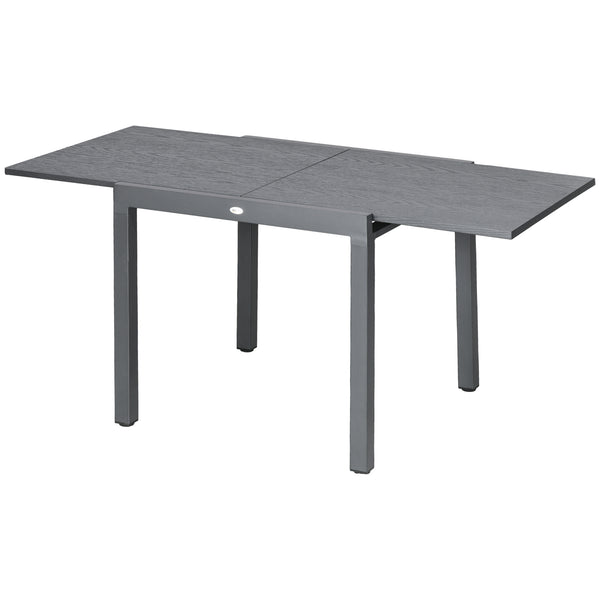 Garden Table, Extendable Outdoor Dining Table for 6 with Aluminium Frame, Steel Tabletop, Rectangle Patio Table for Balcony, Deck, Dark Grey with Wood-effect