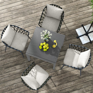 Garden Table, Extendable Outdoor Dining Table for 6 with Aluminium Frame, Steel Tabletop, Rectangle Patio Table for Balcony, Deck, Dark Grey with Wood-effect
