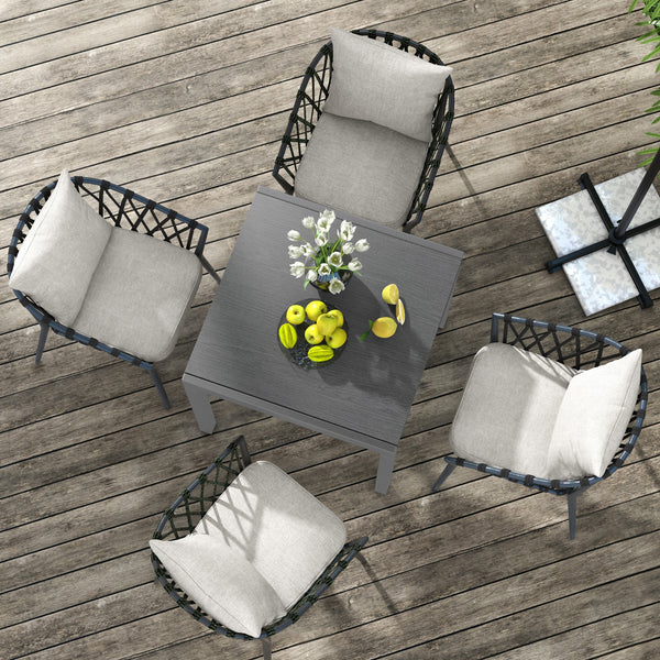Garden Table, Extendable Outdoor Dining Table for 6 with Aluminium Frame, Steel Tabletop, Rectangle Patio Table for Balcony, Deck, Dark Grey with Wood-effect