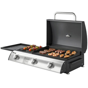 3 Burner Portable Gas Plancha BBQ Grill, 8.1 kW Outdoor Tabletop Gas Barbecue Grill with Griddle, Convertible Side Shelf, Built-in Thermometer, Lid, Adjustable Foot Pads for Camping, Black