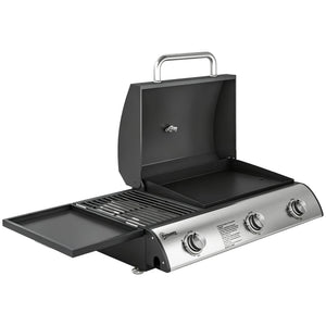 3 Burner Portable Gas Plancha BBQ Grill, 8.1 kW Outdoor Tabletop Gas Barbecue Grill with Griddle, Convertible Side Shelf, Built-in Thermometer, Lid, Adjustable Foot Pads for Camping, Black