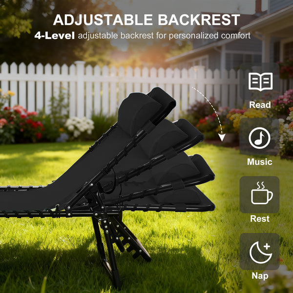 Folding Chaise Lounge Chair, Patio Sun Tanning Chair, Outdoor Chaise Lounger with 4-Position Reclining Back, Breathable Mesh Seat for Beach, Poolside, Yard, Black