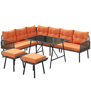6 Piece Rattan Garden Furniture Set, 8 Seater Garden Corner Sofa with Cushions and Glass Top Table, Sectional Outdoor Furniture Conservatory Set for Patio, Orange